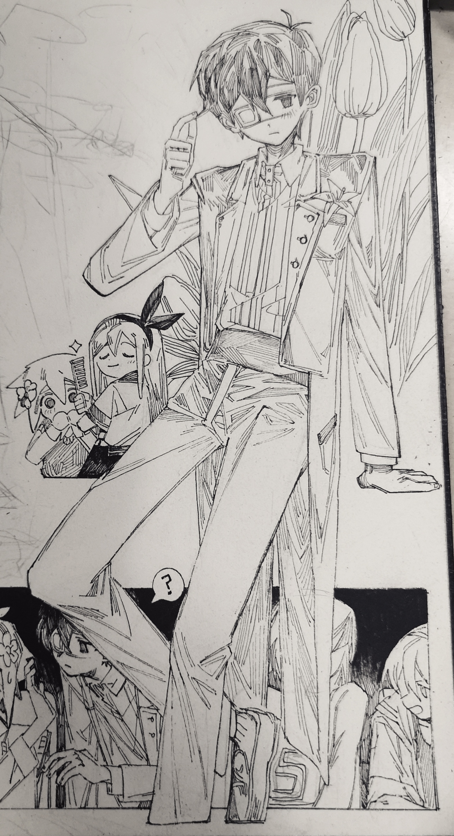 moonskysoon, aubrey (faraway) (omori), aubrey (omori), basil (faraway) (omori), basil (omori), kel (faraway) (omori), kel (omori), sunny (omori), omori, absurdres, chinese commentary, commentary request, highres, spoilers, traditional media, 1girl, 3boys, ?, alternate costume, alternate sleeve length, antenna hair, arm support, blush, breast pocket, chibi, closed eyes, closed mouth, collared shirt, comb, double-parted bangs, eyepatch, flower, formal clothes, gladiolus, greyscale, hair between eyes, hair flower, hair ornament, hairband, holding, holding comb, jacket, long hair, long sleeves, looking at another, monochrome, multiple boys, pants, pocket, shirt, short-sleeved jacket, short hair, short sleeves, sidelocks, sparkle, speech bubble, spoken question mark, suit