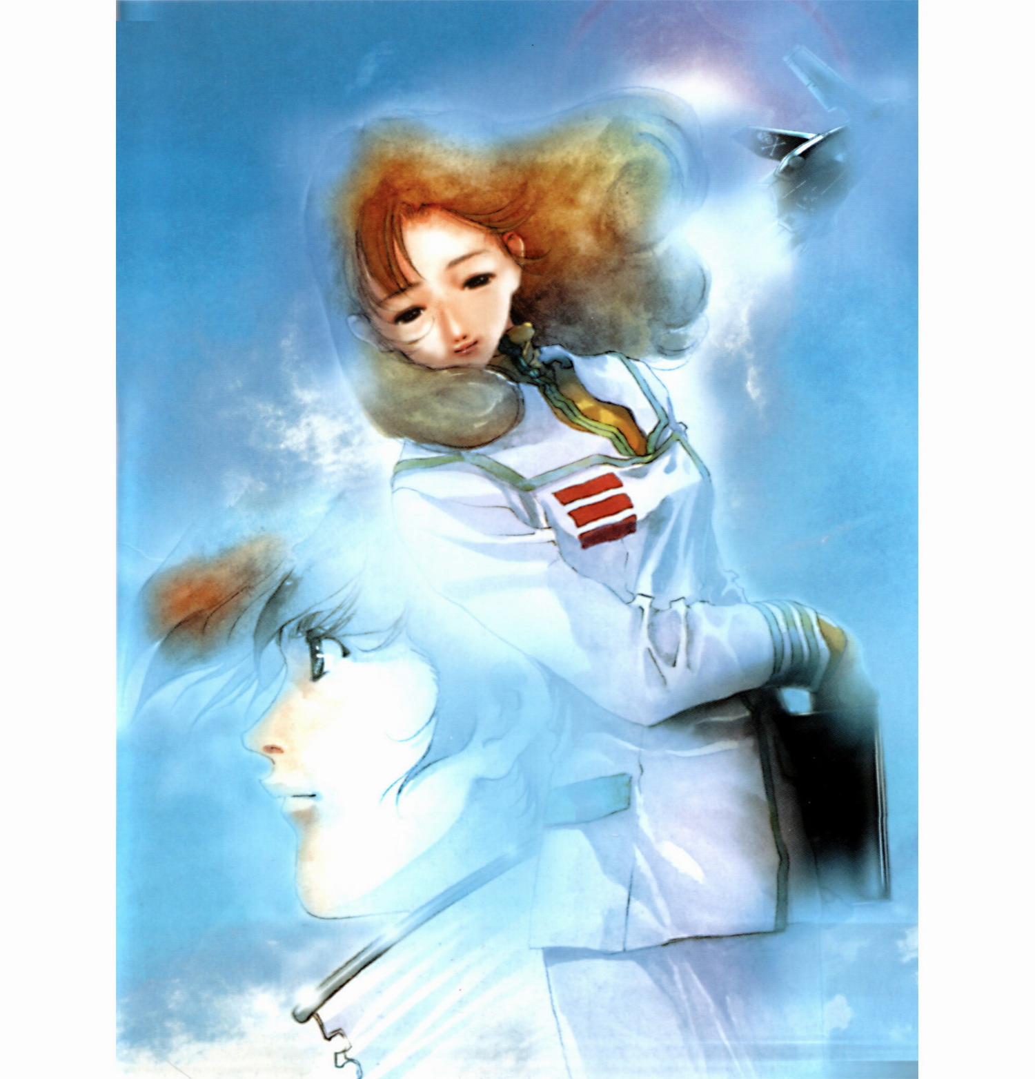 mikimoto haruhiko, hayase misa, ichijou hikaru, macross, macross: do you remember love?, highres, painting (medium), promotional art, scan, traditional media, 1boy, 1girl, asian, blue sky, brown hair, cloud, jolly roger, long hair, mecha pilot suit, military rank insignia, military uniform, red lips, skirt, sky, u.n. spacy, variable fighter