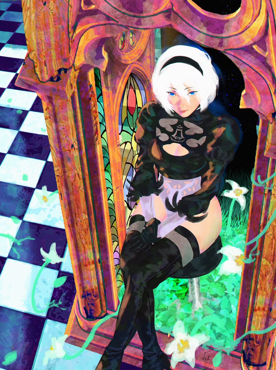 jetstream012, 2b (nier:automata), nier:automata, nier (series), commentary, english commentary, highres, 1girl, black hairband, black thighhighs, blue eyes, boots, breasts, checkered background, cleavage cutout, clothing cutout, crossed knees, feather-trimmed sleeves, feather trim, flower, from above, gloves, grass, hairband, highleg, highleg leotard, juliet sleeves, leotard, long sleeves, looking at viewer, mole, mole under mouth, no blindfold, on stool, puffy sleeves, scenery, short hair, sitting, sky, solo, stained glass, star (sky), starry sky, stool, thighhighs, thighhighs under boots, white hair, white leotard