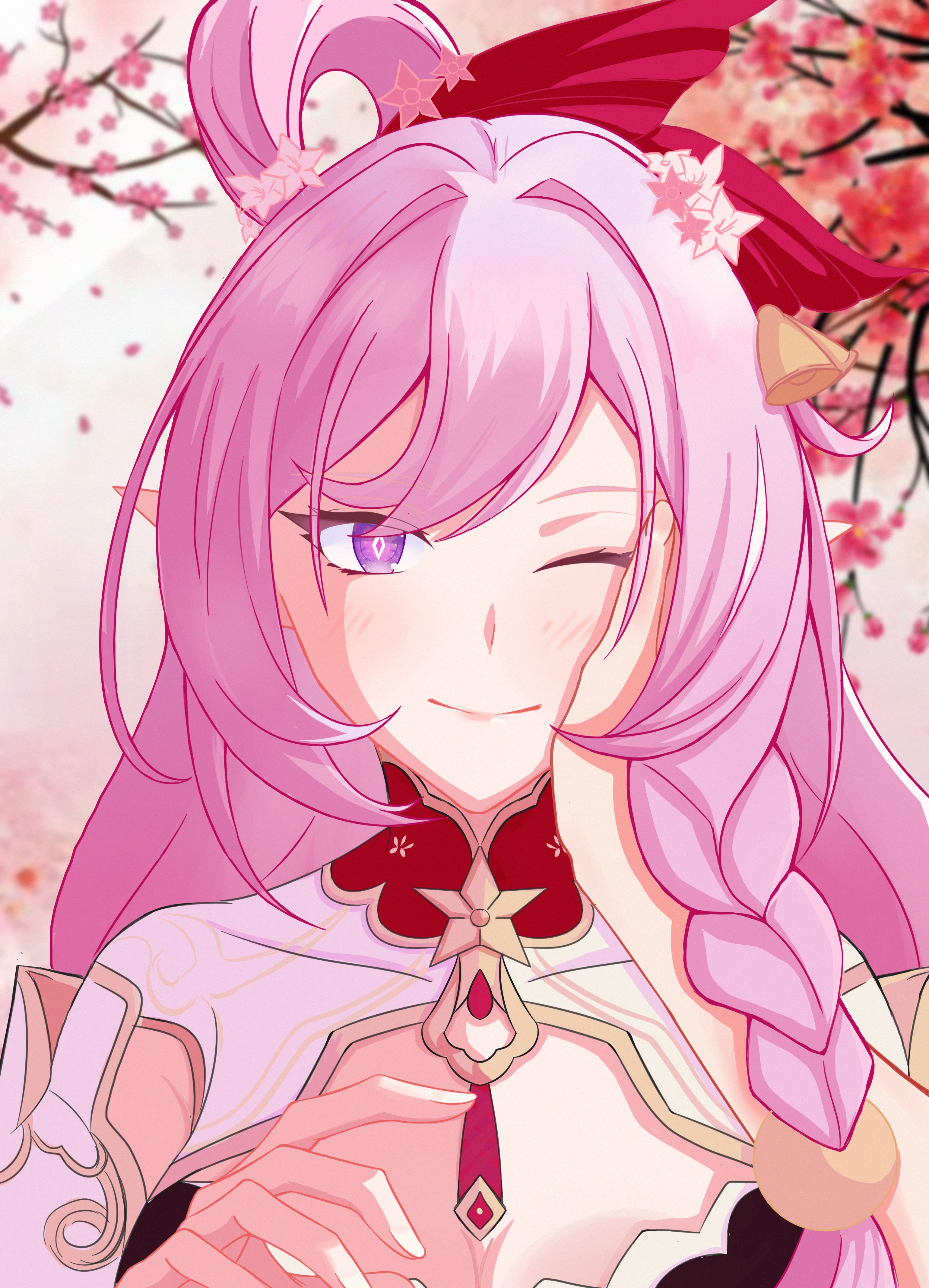 li shijin, elysia (herrscher of human: ego) (honkai impact), elysia (honkai impact), elysia (peachy spring) (honkai impact), honkai (series), honkai impact 3rd, absurdres, chinese commentary, commentary request, highres, 1girl, 1other, bell, braid, cherry blossoms, closed mouth, diamond-shaped pupils, diamond (shape), flower, hair bell, hair flower, hair ornament, long hair, looking at viewer, one eye closed, pink hair, pointy ears, portrait, pov, pov hands, purple eyes, smile, solo focus, symbol-shaped pupils
