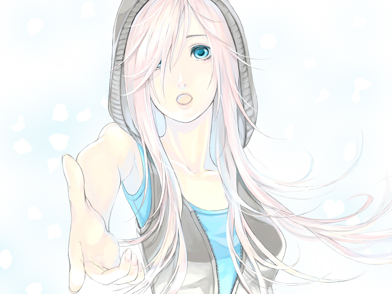 physalis, megurine luka, vocaloid, bad id, bad piapro id, 1girl, blue eyes, female focus, gradient background, hair over one eye, hood, hoodie, long hair, open mouth, pink hair, simple background, solo