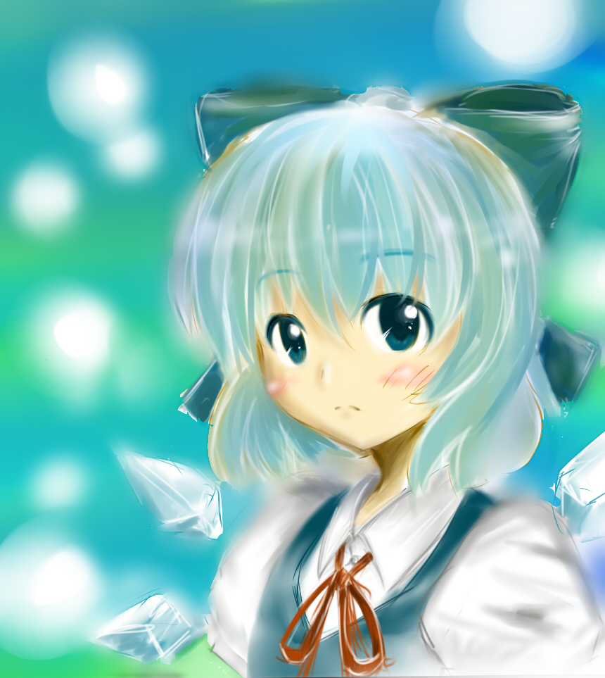 g-neko-type-r, cirno, touhou, touhou hisoutensoku, 1girl, blue eyes, blue hair, bow, female focus, hair bow, matching hair/eyes, solo