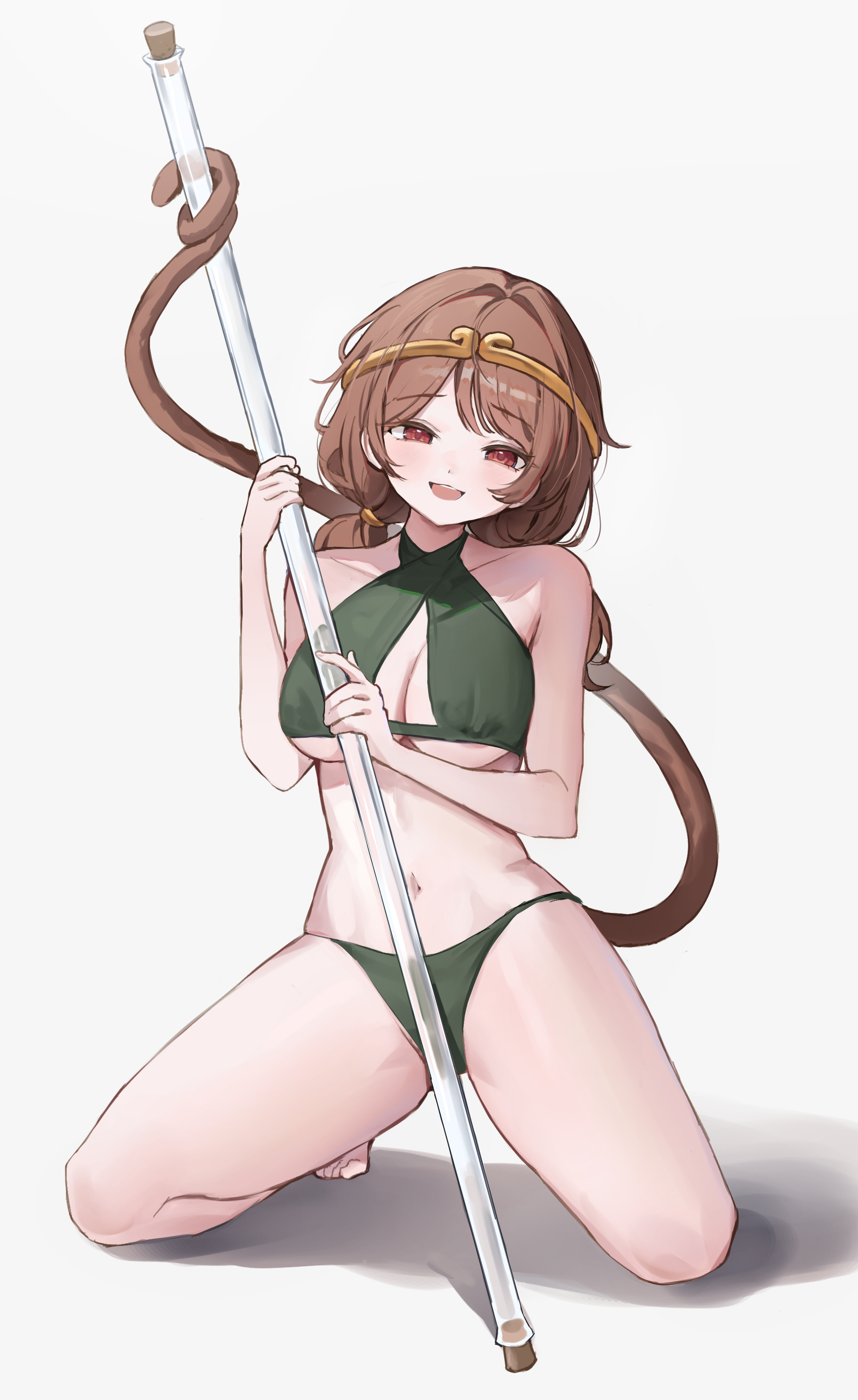 sarukana, son biten, touhou, absurdres, highres, 1girl, :d, bikini, breasts, brown hair, circlet, cleavage, collarbone, criss-cross halter, full body, gold circlet, green bikini, halterneck, holding, holding staff, kneeling, large breasts, long hair, looking at another, looking at viewer, monkey girl, monkey tail, navel, open mouth, prehensile tail, red eyes, simple background, smile, solo, staff, swimsuit, tail, white background