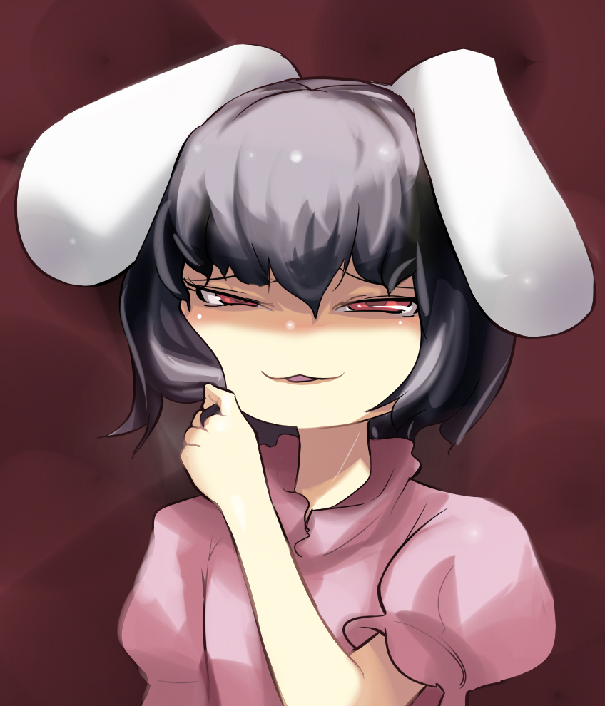 hospital king, inaba tewi, touhou, source request, 1girl, animal ears, black hair, bodied yukkuri, dress, female focus, gradient background, rabbit ears, red eyes, short hair, solo, yukkuri shiteitte ne