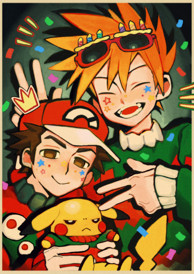 blue oak, pikachu, red (pokemon), nintendo, pokemon, pokemon frlg, commentary request, 2boys, :>, :<, :d, annoyed, baseball cap, brown eyes, brown hair, christmas, christmas sweater, closed eyes, confetti, double v, eyewear on head, fake photograph, gen 1 pokemon, green sweater, hat, holding, holding pokemon, mewnar, multicolored sweater, multiple boys, open mouth, orange hair, pokemon (creature), red hat, red sweater, smile, spiked hair, star (symbol), star sticker, sticker, sticker on face, sweater, v