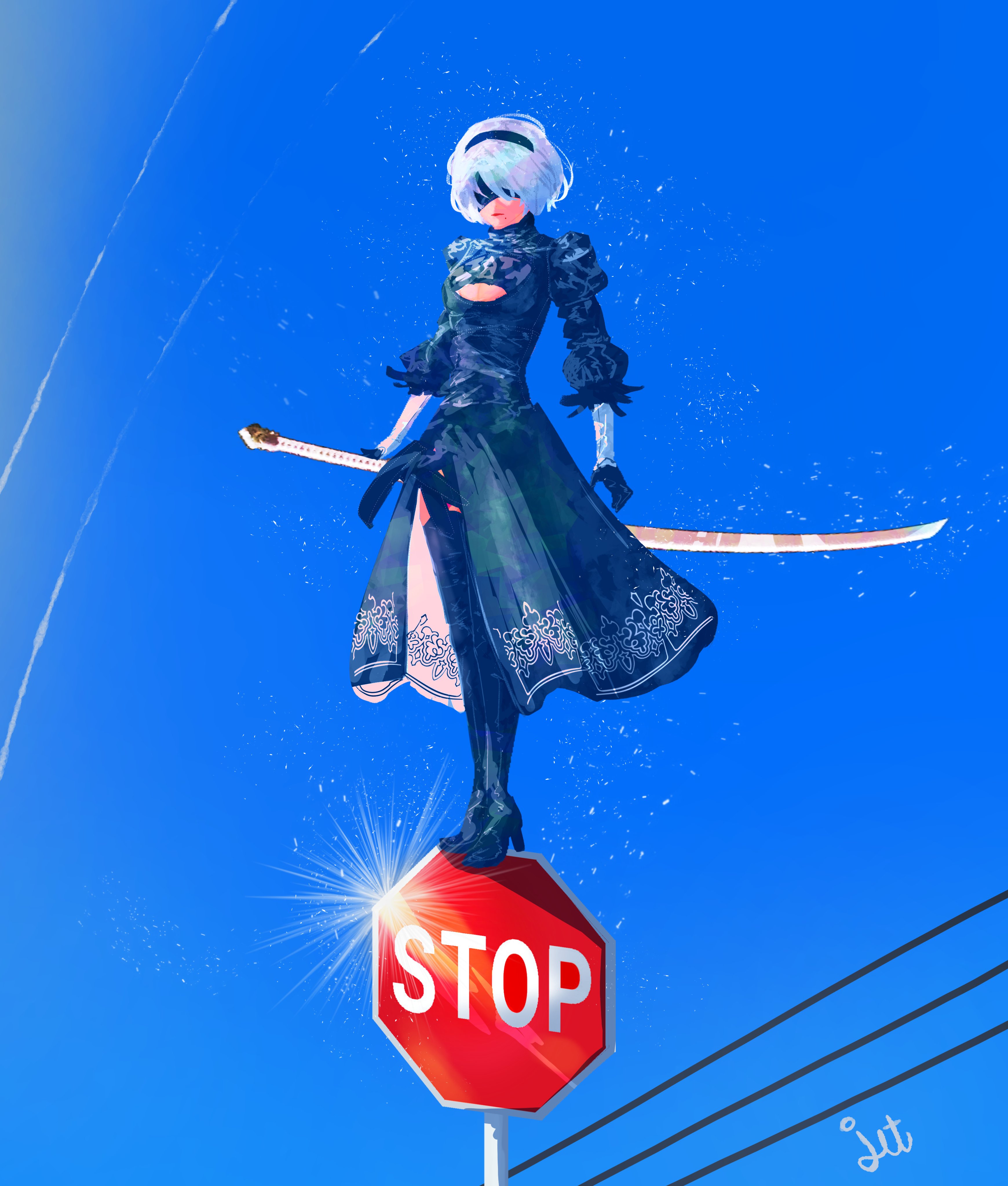 jetstream012, 2b (nier:automata), nier:automata, nier (series), absurdres, commentary, english commentary, highres, 1girl, black dress, black gloves, black hairband, black thighhighs, blindfold, blue sky, boots, breasts, cleavage, cleavage cutout, clothing cutout, covered eyes, dress, feather-trimmed sleeves, feather trim, full body, gloves, hairband, high heel boots, high heels, holding, holding sword, holding weapon, juliet sleeves, katana, long sleeves, mole, mole under mouth, puffy sleeves, road sign, short hair, sign, signature, sky, solo, standing, stop sign, sword, thighhighs, thighhighs under boots, virtuous contract, weapon, white hair