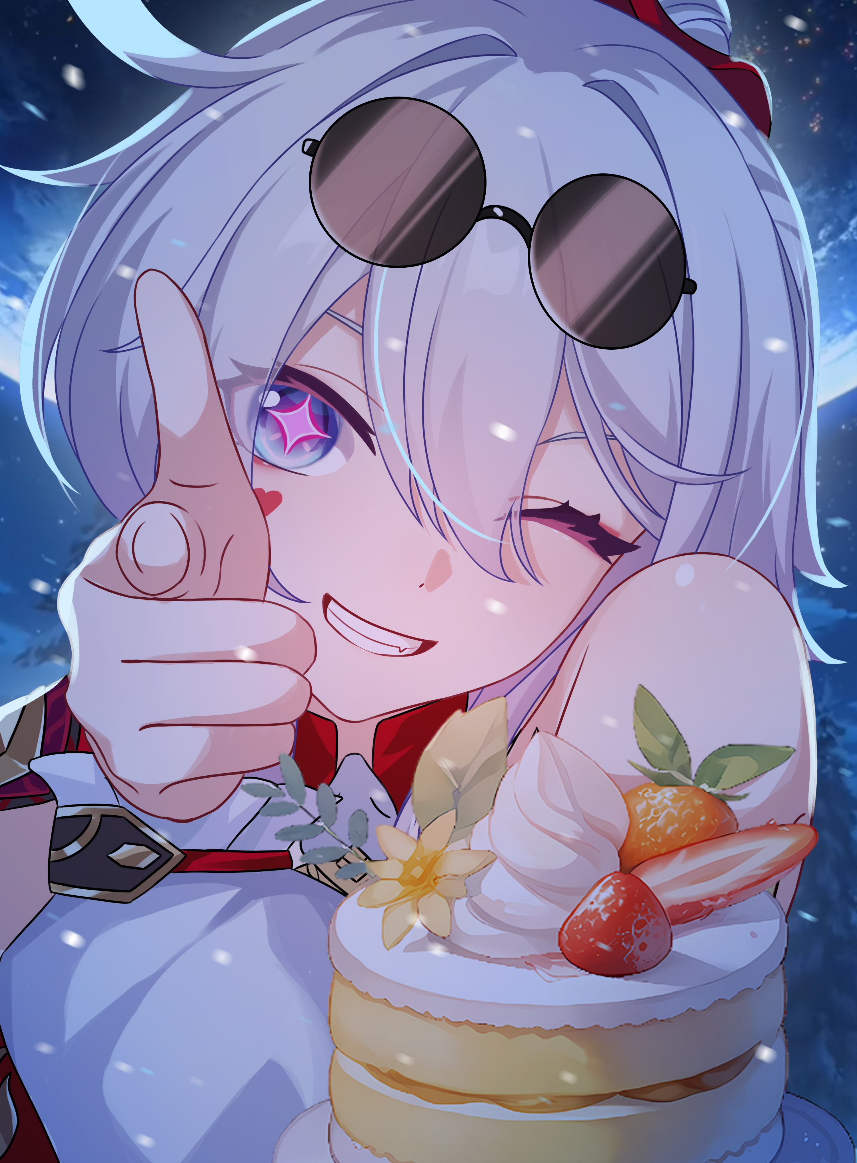 m78 zaitaoaotezhanshi, kiana kaslana, honkai (series), honkai impact 3rd, absurdres, chinese commentary, commentary request, highres, 1girl, blue eyes, cake, eyewear on head, finger gun, food, glasses, grin, hair between eyes, heart, heart sticker, looking at viewer, one eye closed, pince-nez, portrait, purple pupils, round eyewear, smile, solo, star-shaped pupils, star (symbol), sticker, sticker on face, sunglasses, symbol-shaped pupils, white hair