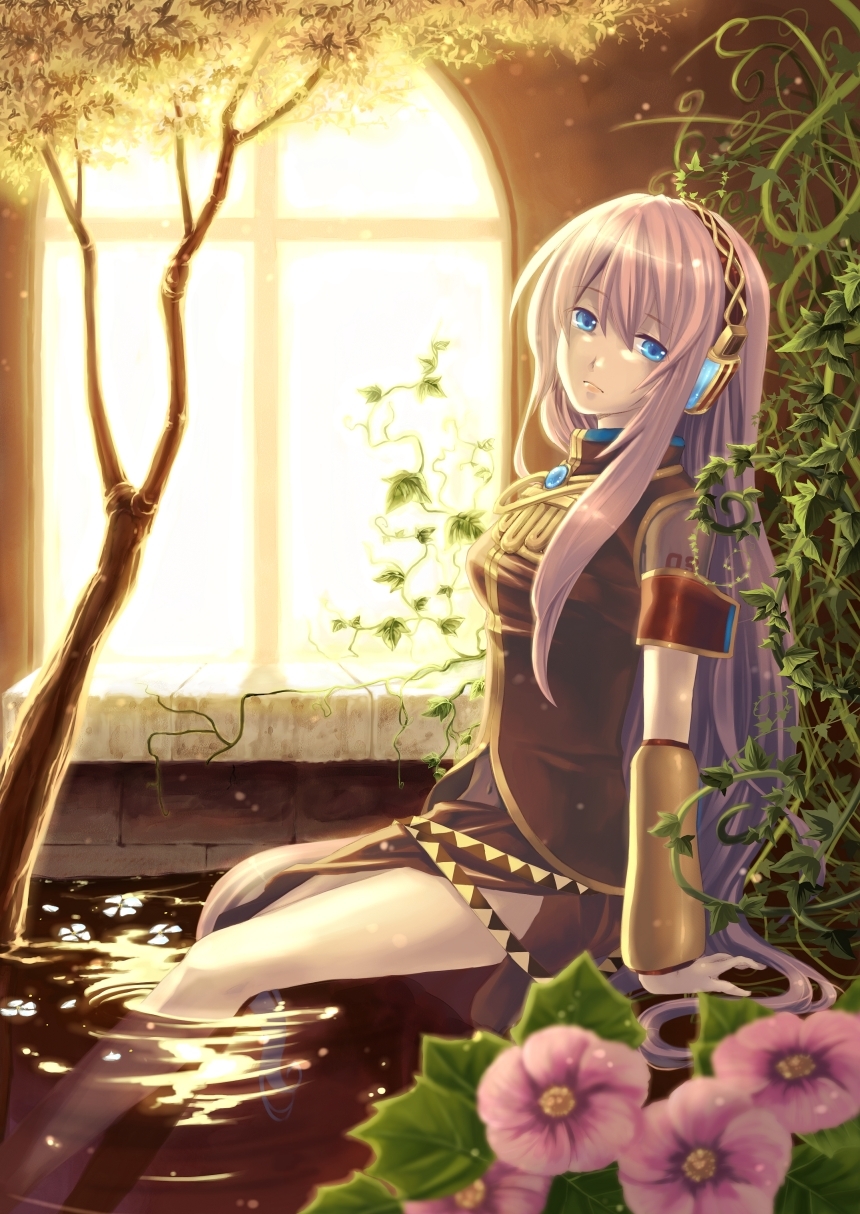 ichiya (piapro), megurine luka, vocaloid, highres, 1girl, blue eyes, female focus, flower, headphones, indoors, long hair, nature, petals, pink hair, sitting, skirt, solo, water