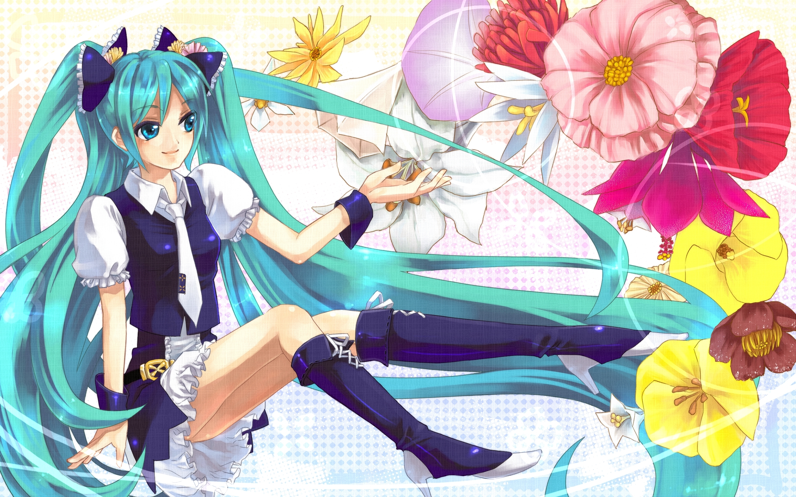 ichiya (piapro), hatsune miku, vocaloid, highres, 1girl, aqua eyes, aqua hair, boots, brown flower, female focus, flower, hair ribbon, legs, long hair, necktie, ribbon, skirt, smile, solo, twintails, very long hair, wrist cuffs