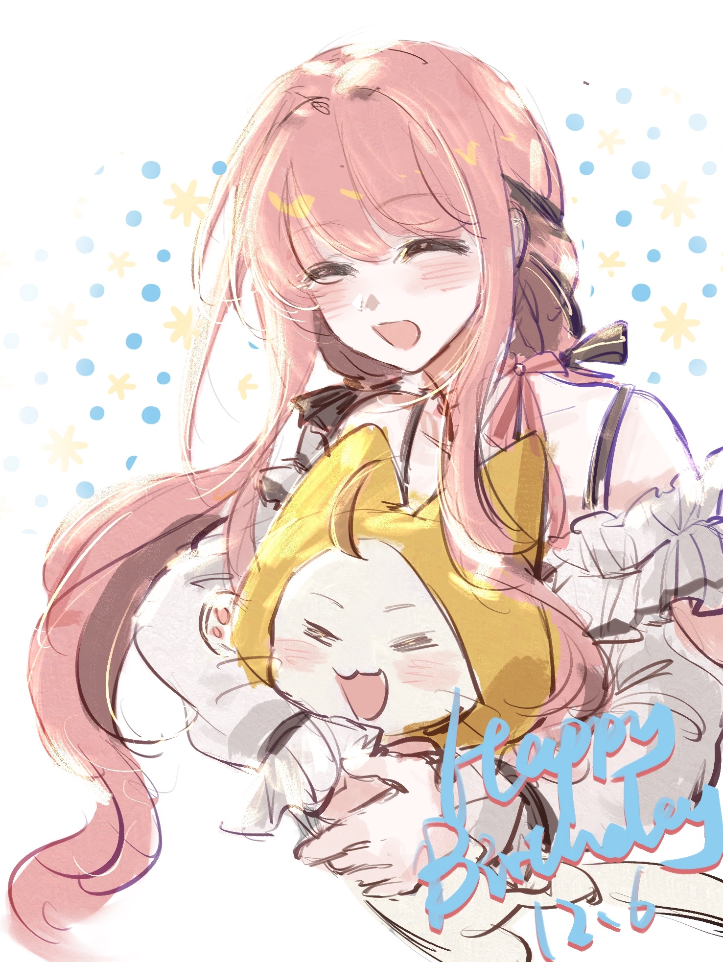 momo (nikki), nikki (nikki), perfect start (infinity nikki), infinity nikki, nikki (series), chinese commentary, commentary request, highres, 1girl, = =, ^ ^, ahoge, animal, arm cutout, bare shoulders, black bow, black ribbon, blush, bow, bow choker, bowtie, bra strap, cat, choker, cloak, closed eyes, clothed animal, clothing cutout, collarbone, cropped torso, dated, ear covers, english text, frilled shirt, frilled sleeves, frills, hair bow, hair intakes, hair ribbon, happy, happy birthday, holding, holding animal, holding cat, hood, hood up, hooded cloak, long hair, long sidelocks, long sleeves, low twintails, off-shoulder shirt, off shoulder, open mouth, paper polaris, pawpads, pink bow, pink bowtie, pink choker, pink hair, polka dot, polka dot background, puffy long sleeves, puffy sleeves, ribbon, shirt, sidelocks, single stripe, sleeves past wrists, smile, striped bow, striped bowtie, striped clothes, tress ribbon, twintails, very long hair, wavy hair, whiskers, white background, white cat, white shirt, yellow cloak