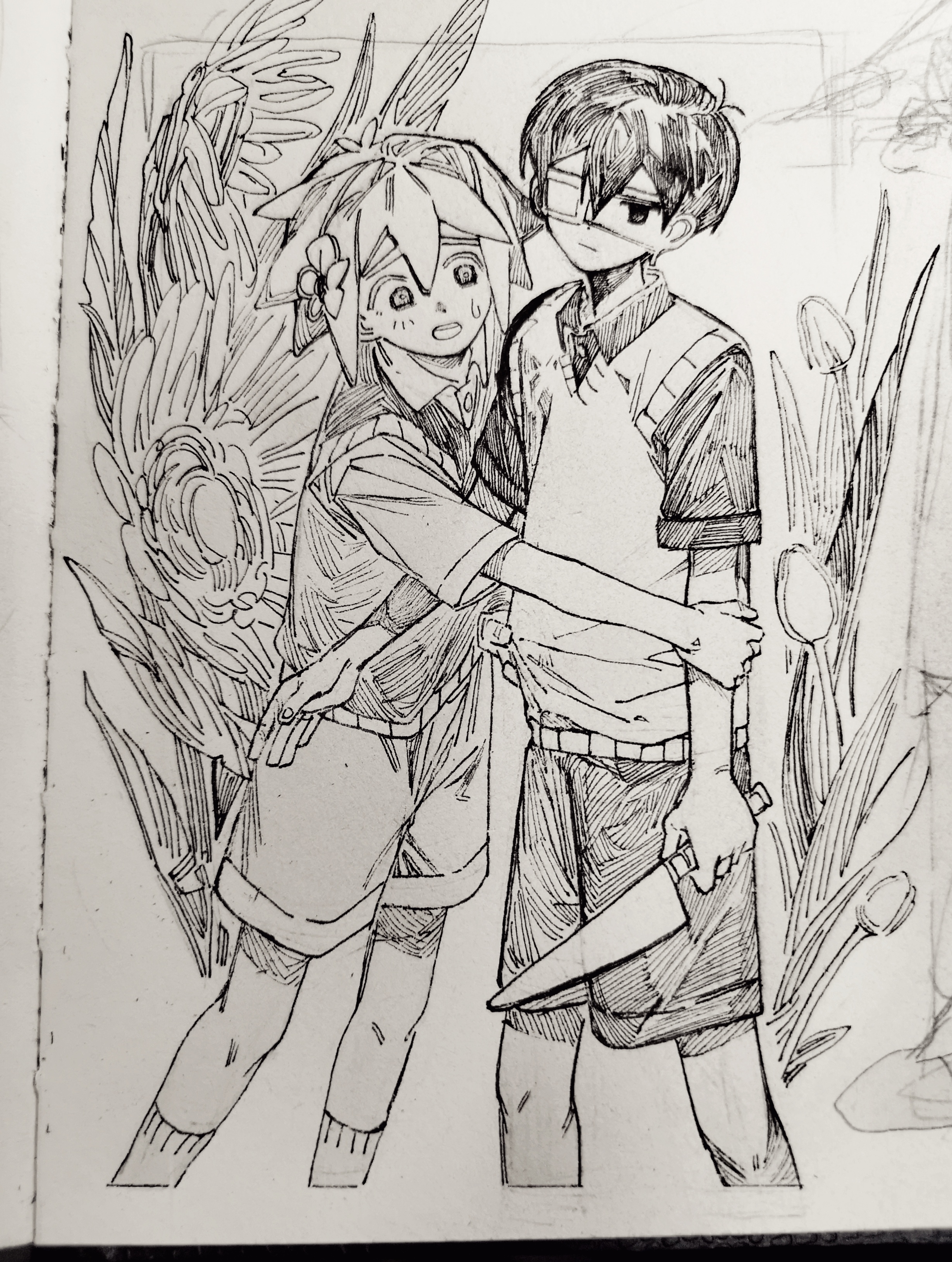 moonskysoon, basil (faraway) (omori), basil (omori), sunny (omori), omori, absurdres, chinese commentary, commentary request, highres, spoilers, traditional media, 2boys, closed mouth, collared shirt, double-parted bangs, eyepatch, flower, grabbing another's arm, greyscale, hair between eyes, hair flower, hair ornament, holding, holding knife, knife, looking at another, male focus, monochrome, multiple boys, open mouth, shirt, short hair, short sleeves, shorts, socks, sunflower, sweatdrop, sweater vest, teeth, upper teeth only