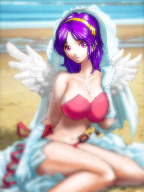 asamiya athena, princess athena, snk, svc chaos, the king of fighters, tagme, 1girl, angel, beach, bikini, breasts, dress, female focus, hairband, huge breasts, large breasts, long hair, midnight bliss, pale skin, purple eyes, purple hair, star (symbol), swimsuit, thick thighs, thighs, water, wings