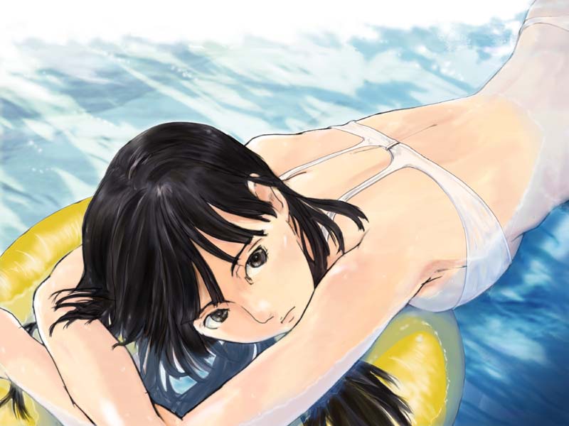 santouhei (3tohei), original, 1girl, arms up, back, bikini, black eyes, black hair, breasts, female focus, large breasts, long hair, lying, pool, sideboob, solo, swimsuit, water, wet