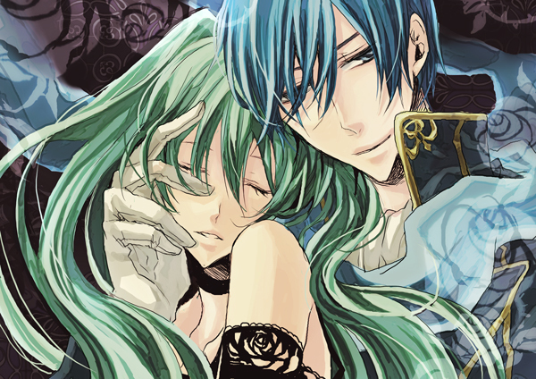 imori, hatsune miku, kaito (vocaloid), cantarella (vocaloid), vocaloid, aqua hair, blue eyes, blue hair, closed eyes, eyes closed, gloves, long hair, scarf, short hair, smile, twintails