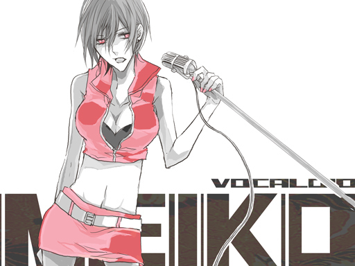 imori, meiko (vocaloid), vocaloid, 1girl, breasts, cleavage, female focus, microphone, microphone stand, midriff, nail polish, navel, pink nails, red eyes, short hair, skirt, solo