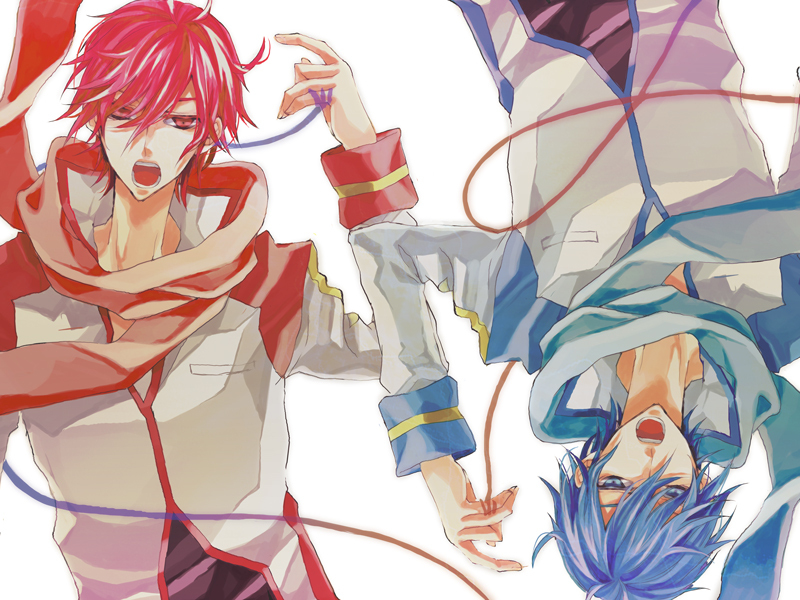 imori, akaito, kaito (vocaloid), vocaloid, 2boys, blue eyes, blue hair, male focus, multiple boys, open mouth, red eyes, red hair, short hair, simple background, string, string of fate, upper body, white background