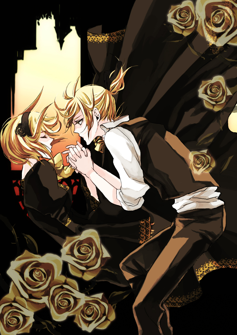 imori, allen avadonia, kagamine len, kagamine rin, aku no musume (vocaloid), evillious nendaiki, vocaloid, 1boy, 1girl, blonde hair, brother and sister, closed eyes, dress, flower, hairband, hetero, holding hands, rose, short hair, siblings, twins, victorian