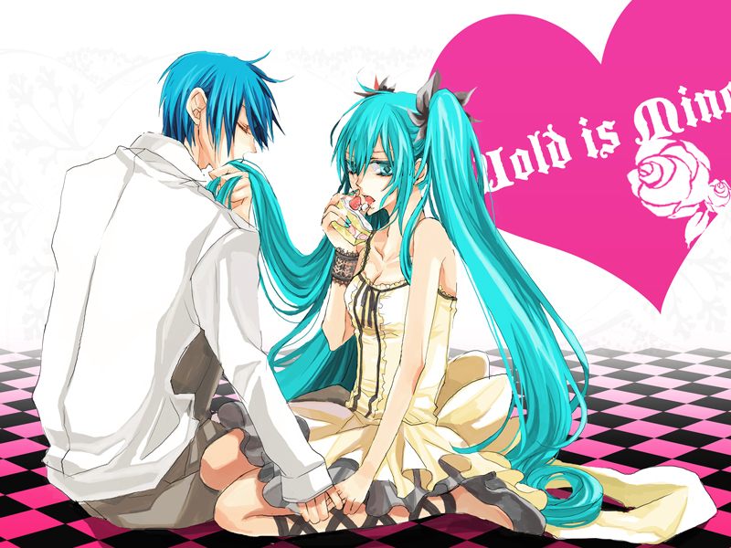 imori, hatsune miku, kaito (vocaloid), vocaloid, world is mine (vocaloid), 1boy, 1girl, aqua eyes, aqua hair, blue hair, cake, closed eyes, dress, food, full body, hair ribbon, long hair, long sleeves, looking at viewer, pants, pastry, ribbon, shoes, sitting, sleeveless, twintails, very long hair
