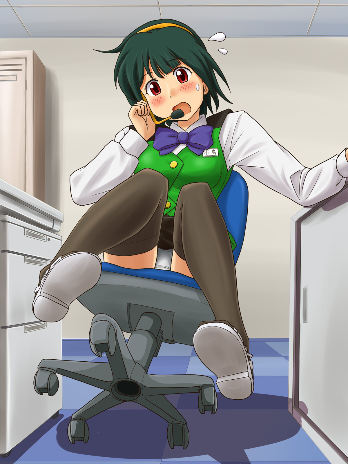 lielos, otonashi kotori, idolmaster, idolmaster (classic), highres, 00s, 1girl, blush, chair, falling, female focus, green hair, hairband, headset, office chair, panties, pantyshot, red eyes, short hair, sitting, skirt, solo, sweat, sweatdrop, swivel chair, thighhighs, underwear, upskirt