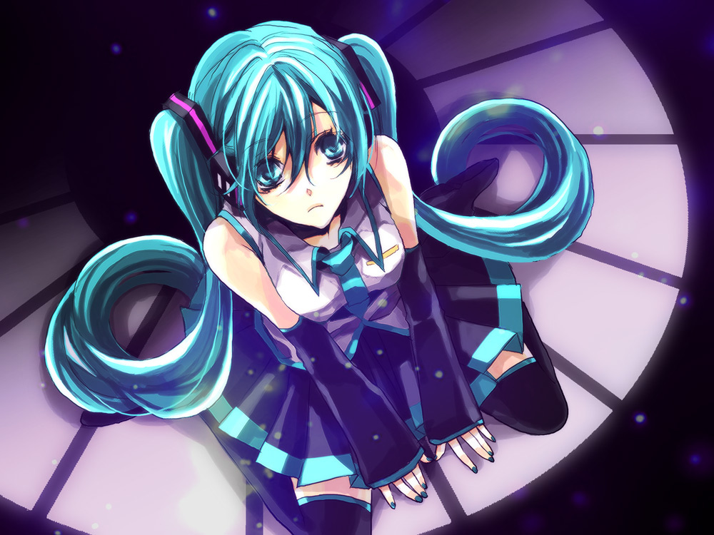 imori, hatsune miku, vocaloid, 1girl, aqua eyes, aqua hair, aqua nails, detached sleeves, female focus, from above, headphones, kneeling, long hair, nail polish, skirt, solo, thighhighs, twintails, very long hair, zettai ryouiki