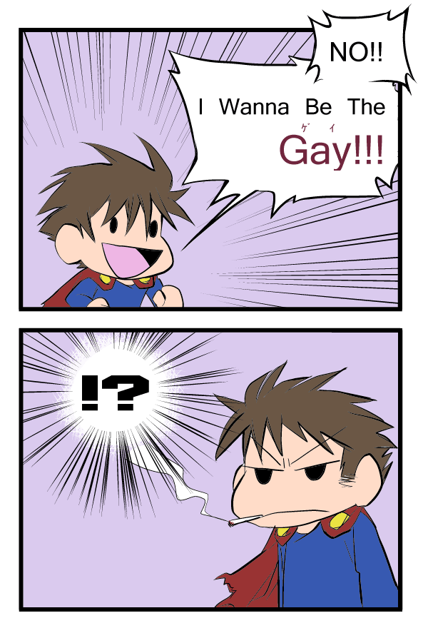 the father, the guy, the kid, i wanna be the guy, 2boys, angry, brown hair, cape, comic, happy, male focus, multiple boys, ranguage, short hair, smoking, upper body