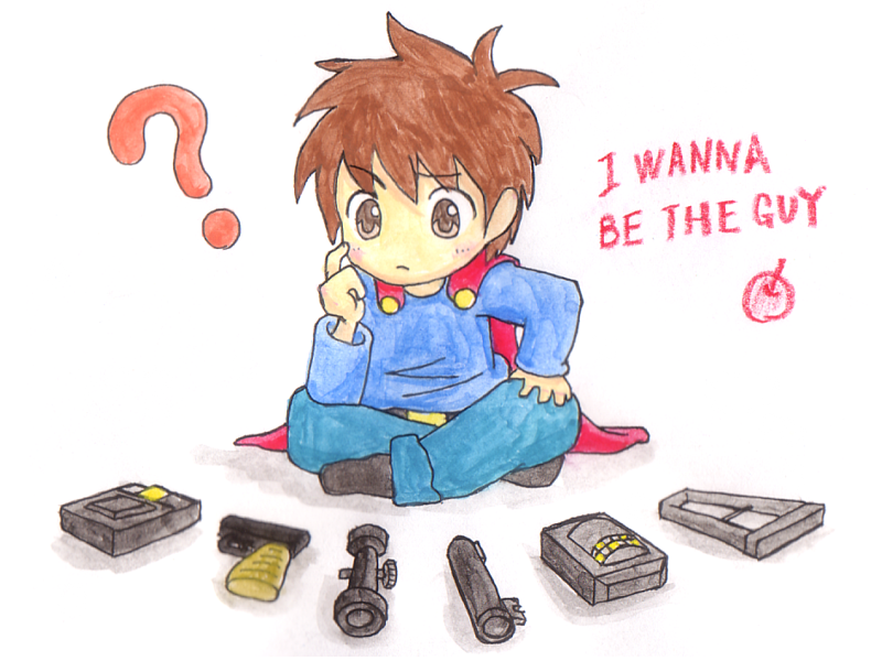 poineko oyasumichuu, the kid, i wanna be the guy, 1boy, ?, apple, blouse, blue shirt, brown hair, cape, copyright name, english text, equipment layout, food, fruit, gun, male focus, scope, shirt, short hair, simple background, sitting, solo, weapon, white background