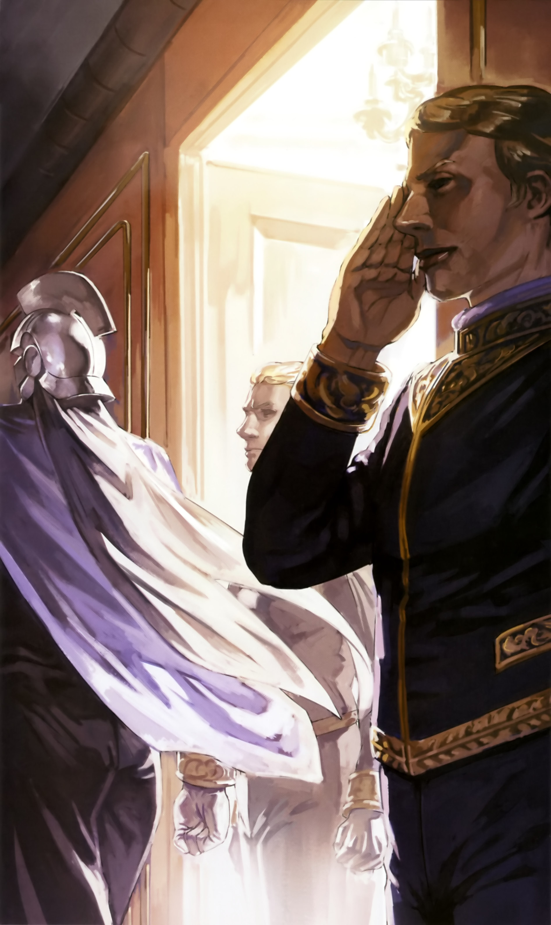 carozzo ronah, gundam, gundam f91, absurdres, artist request, highres, magazine scan, official art, painting (medium), promotional art, scan, traditional media, 3boys, blonde hair, cape, combat helmet, cosmo babylonia, crossbone vanguard, gloves, gundam perfect file, hallway, helmet, mask, military uniform, multiple boys, salute, scene reference, science fiction, soldier, walking, white gloves