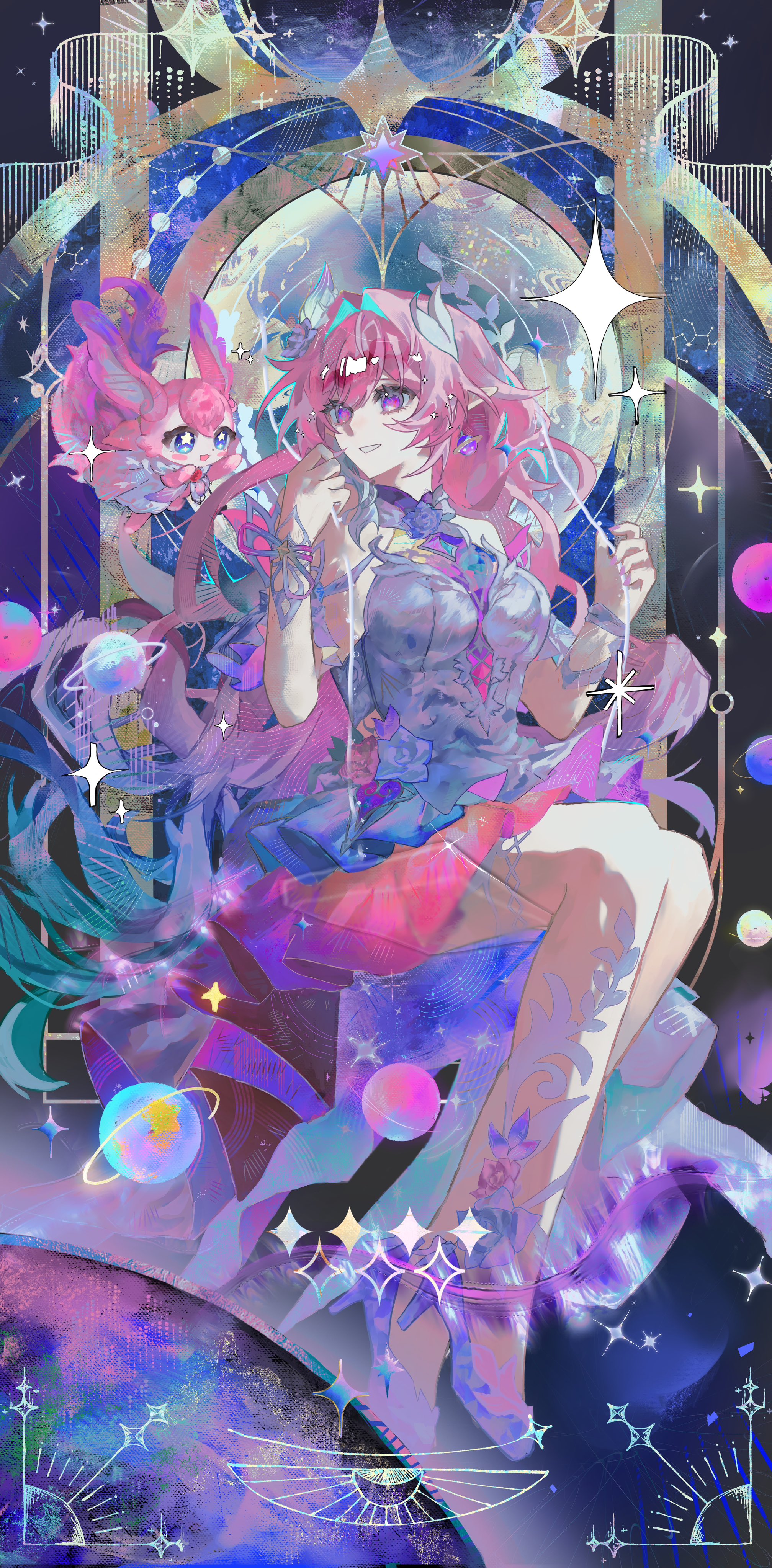 x431788, cyrene (honkai: star rail), cyrene (ripples of past reverie) (honkai: star rail), mem (honkai: star rail), honkai: star rail, honkai (series), absurdres, commentary request, highres, revision, 1girl, aqua hair, blue eyes, breasts, diamond-shaped pupils, diamond (shape), dress, high heels, large breasts, long hair, multicolored hair, on swing, pink hair, planet, planetary ring, pointy ears, purple eyes, smile, star-shaped pupils, star (symbol), swing, symbol-shaped pupils, very long hair, white dress, white hair