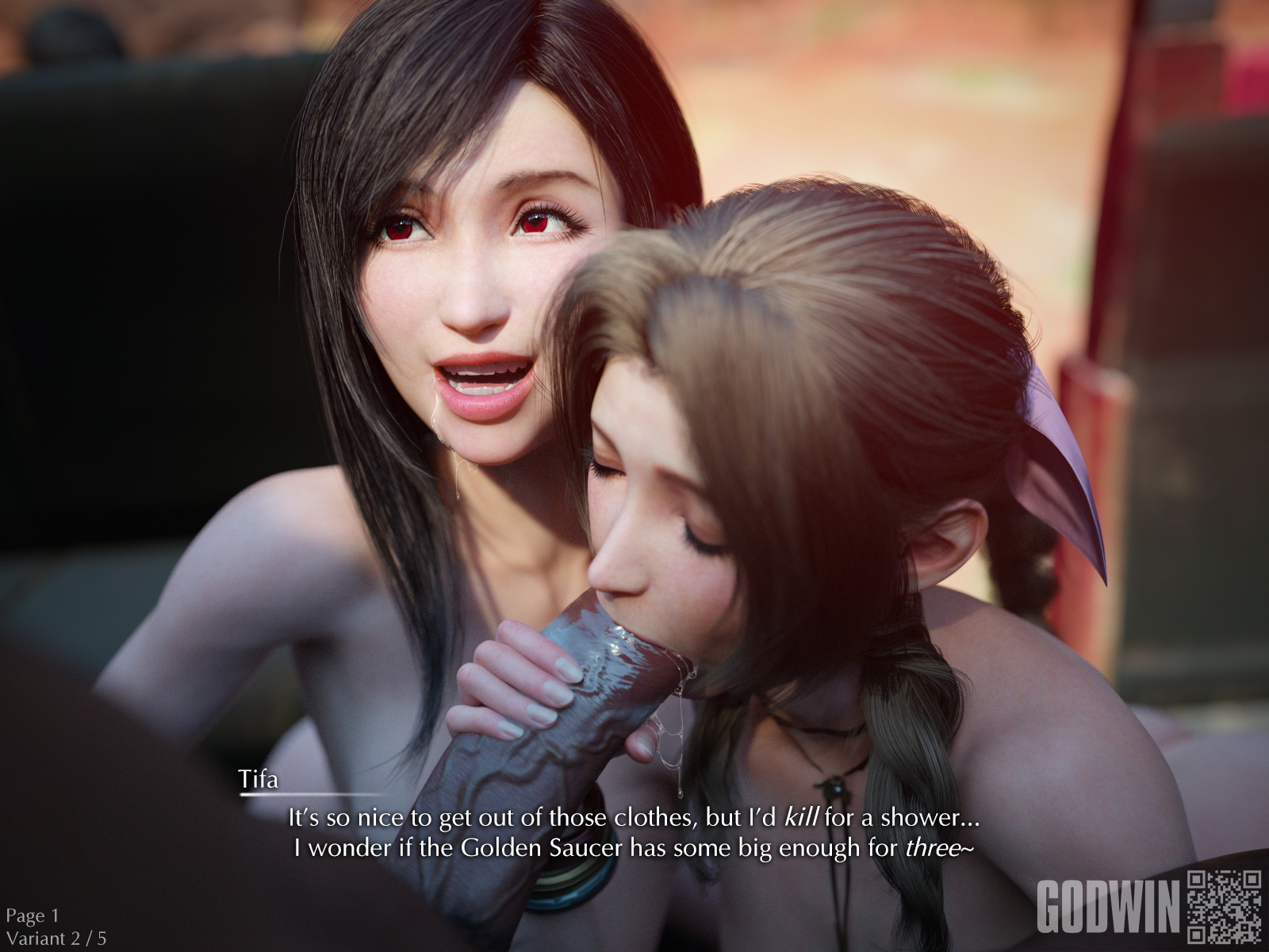 godwin3d, aerith gainsborough, barret wallace, tifa lockhart, final fantasy, final fantasy vii, final fantasy vii remake, commentary, english commentary, highres, paid reward available, 1boy, 2girls, 3d, artist name, black hair, blurry, blurry background, blurry foreground, braid, braided ponytail, brown hair, dark-skinned male, dark skin, depth of field, erection, eyelashes, fellatio, ffm threesome, girthy penis, group sex, interracial, large penis, multiple girls, open mouth, oral, penis, red eyes, saliva, saliva trail, sidelocks, threesome, tongue, tongue out, uncensored, upper body, veins, veiny penis, very dark skin