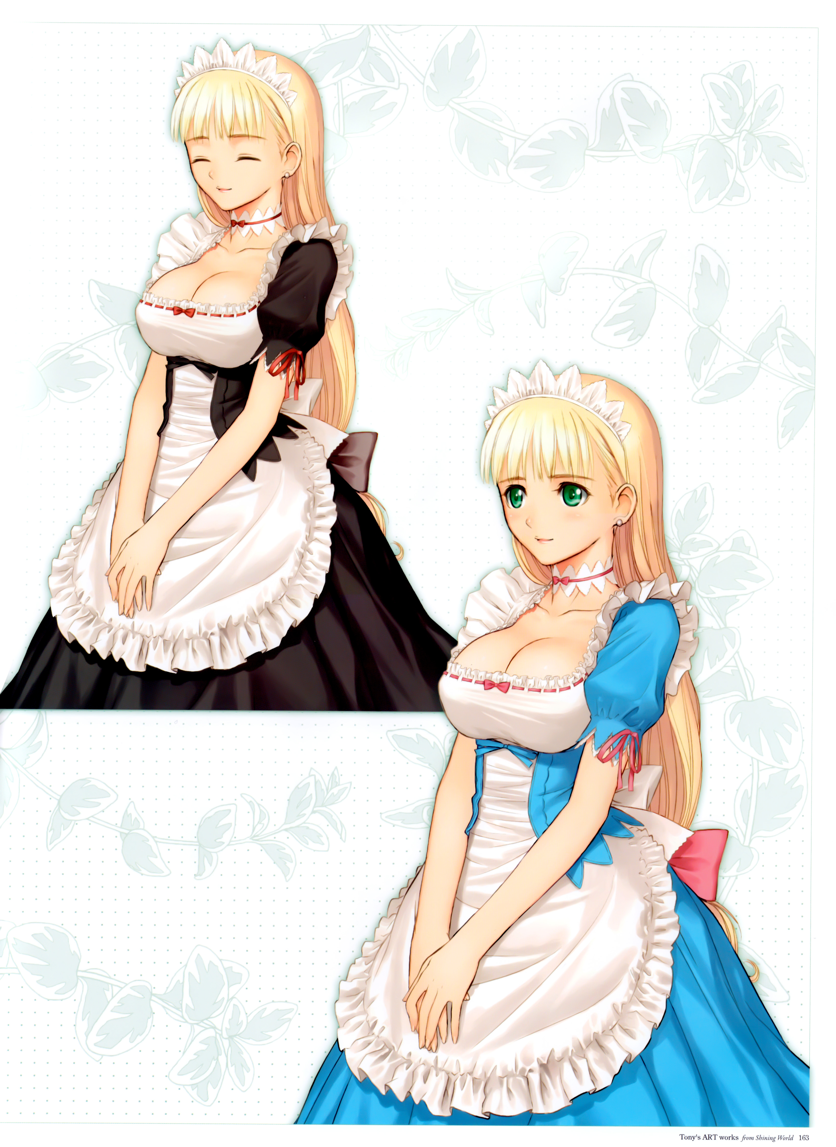 tony taka, clalaclan philias, sega, shining (series), shining wind, absurdres, highres, 1girl, alternate color, blonde hair, breasts, cleavage, closed eyes, green eyes, large breasts, long hair, low-tied long hair, maid, very long hair