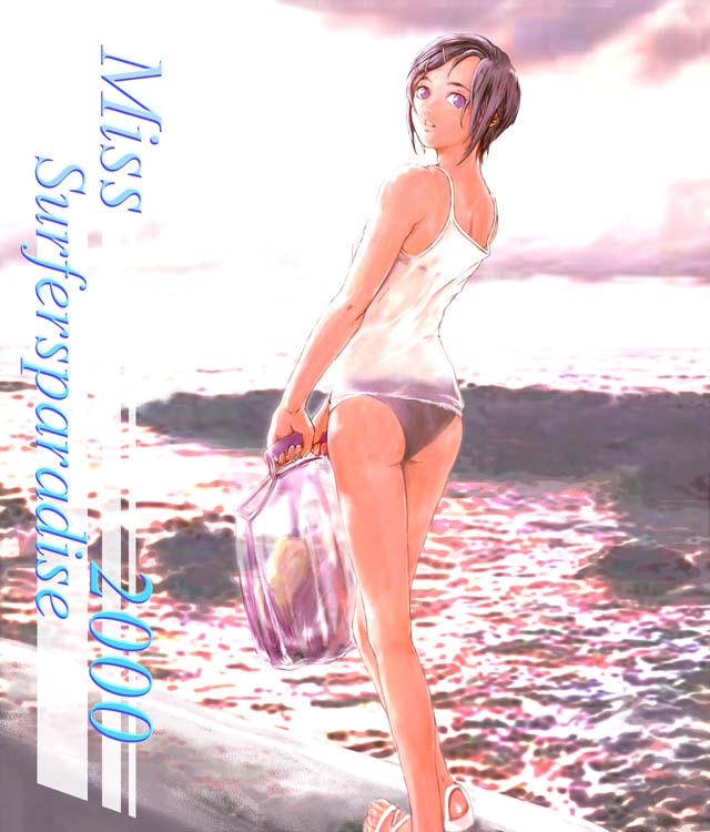 santouhei (3tohei), miss surfersparadise, original, 1girl, 2000, back, bikini, black hair, female focus, from behind, legs, looking back, outdoors, purple eyes, see-through clothes, short hair, sky, solo, swimsuit, tank top, water