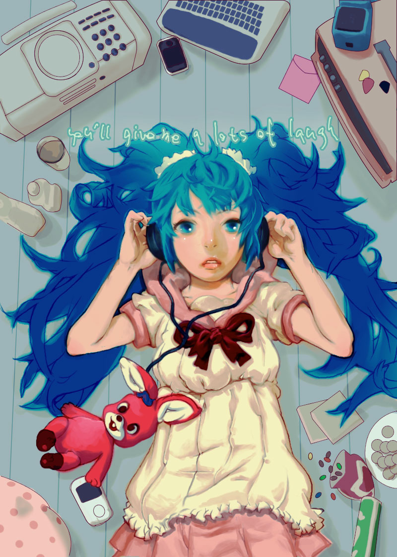 12 (xaenedju), hayato kazuma, hatsune miku, hatsune miku (lollipop), lol -lots of laugh- (vocaloid), lots of laugh, vocaloid, bad id, bad pixiv id, 1girl, aqua eyes, aqua hair, candy, english text, engrish text, female focus, food, headphones, ipod, long hair, lying, mp3 player, on back, rabbit, ranguage, solo, stuffed animal, stuffed rabbit, stuffed toy