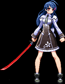 sprites, sugeno tomoaki, mitonoya saki, vanguard princess, animated, animated gif, lowres, 1girl, ahoge, bare legs, blue hair, boots, dress, female focus, idle animation, long hair, pixel art, solo, standing, sword, weapon