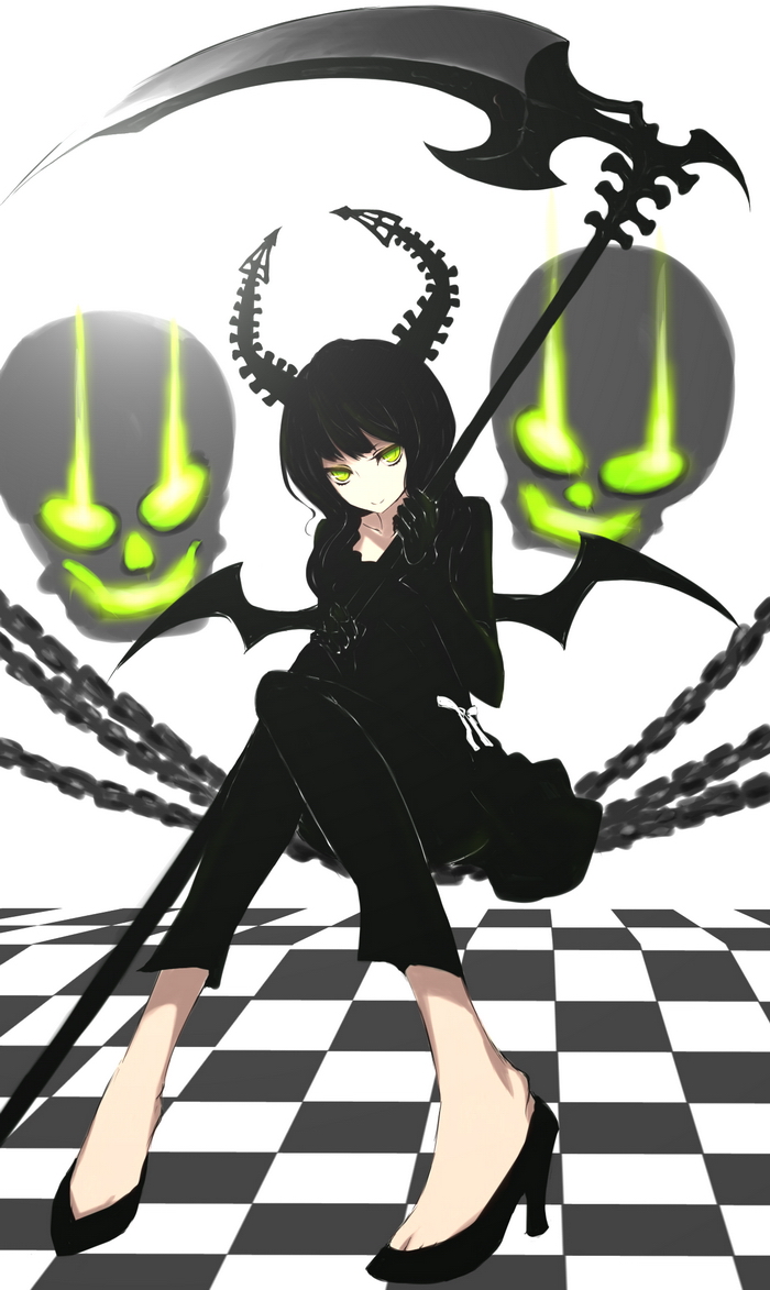 lang (chikage36), dead master, black rock shooter, 10s, 1girl, black dress, black hair, black leggings, chain, checkered floor, dress, female focus, floor, green eyes, horns, leggings, long hair, looking at viewer, perspective, scythe, shoes, skull, smile, solo