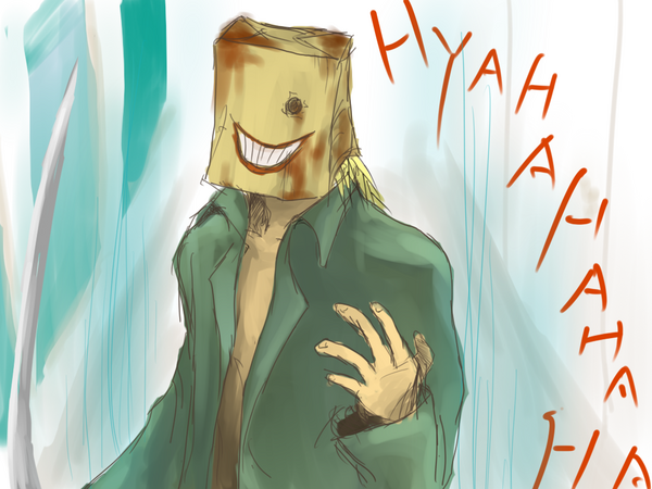 amamiya ren, joker (persona 2), atlus, persona, persona 2, bag, blood, laughing, male focus, paper bag, smile, solo, sword, weapon