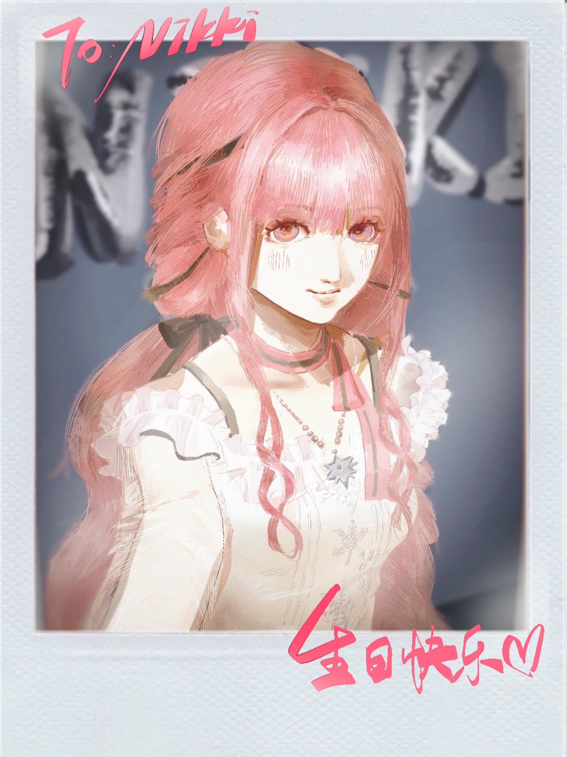 nikki (nikki), perfect start (infinity nikki), infinity nikki, nikki (series), chinese commentary, commentary request, highres, 1girl, arm cutout, bare shoulders, bead necklace, beads, black bow, black ribbon, blue border, border, bow, bow choker, bowtie, bra strap, breasts, brown eyes, buttons, character name, chinese text, choker, closed mouth, clothing cutout, collarbone, english text, eyelashes, frilled shirt, frills, grey background, hair bow, hair intakes, hair ribbon, happy, happy birthday, heart, hexagram, jewelry, light blush, lips, long hair, long sidelocks, long sleeves, low twintails, medium breasts, mixed-language text, necklace, nostrils, off-shoulder shirt, off shoulder, pink bow, pink bowtie, pink choker, pink hair, realistic, rhian (xinjinjumin082849396340), ribbon, see-through clothes, see-through sleeves, shirt, sidelocks, single stripe, smile, snowflakes, solo, star (symbol), star necklace, striped bow, striped bowtie, striped choker, striped clothes, tress ribbon, twintails, upper body, very long hair, wavy hair, white shirt