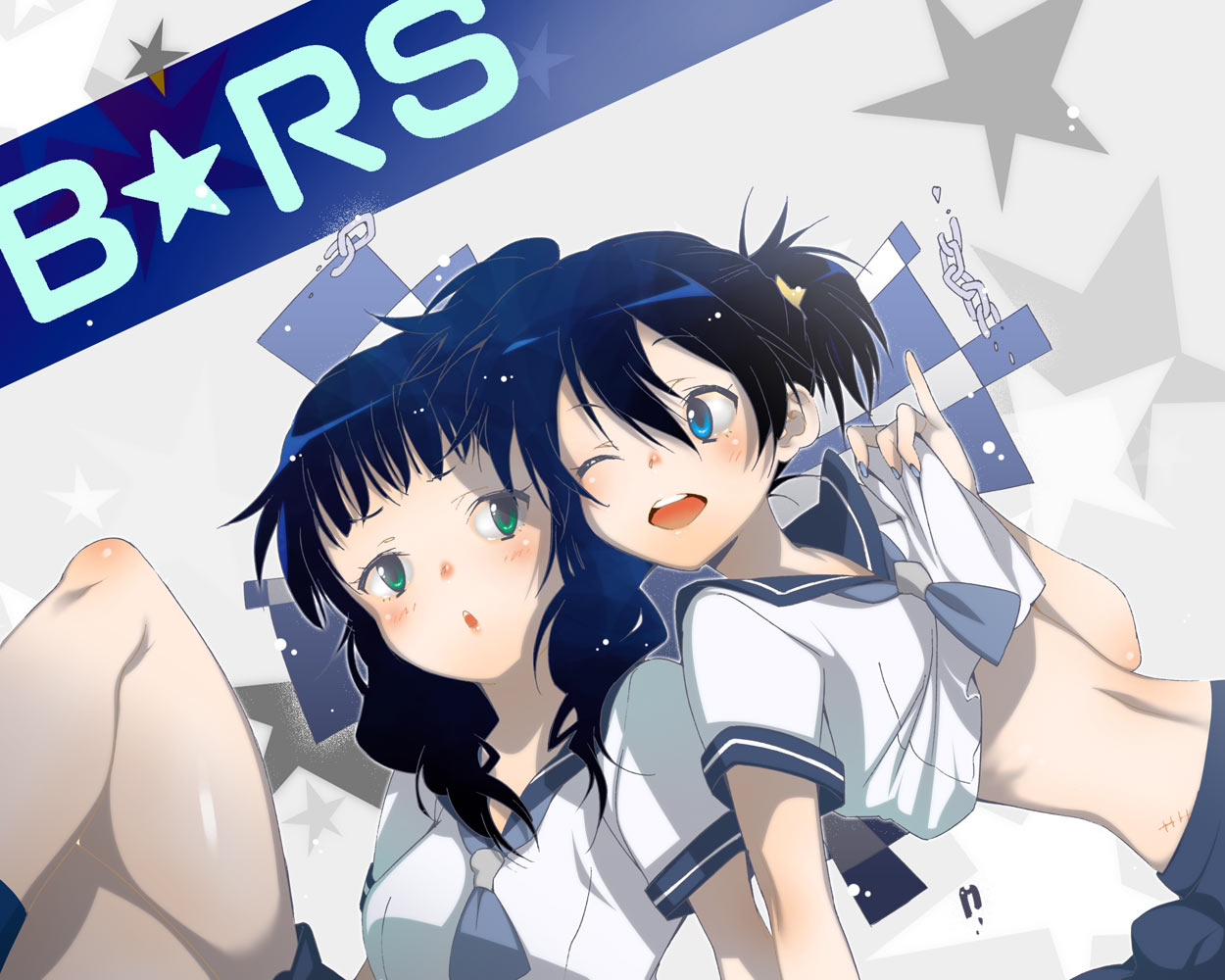 yukimitsuki, black rock shooter (character), dead master, kuroi mato, takanashi yomi, black rock shooter, bad id, bad pixiv id, 10s, 2girls, back-to-back, black hair, blue eyes, chain, green eyes, midriff, multiple girls, navel, one eye closed, scar, school uniform, serafuku, short hair, smile, star (symbol), wink