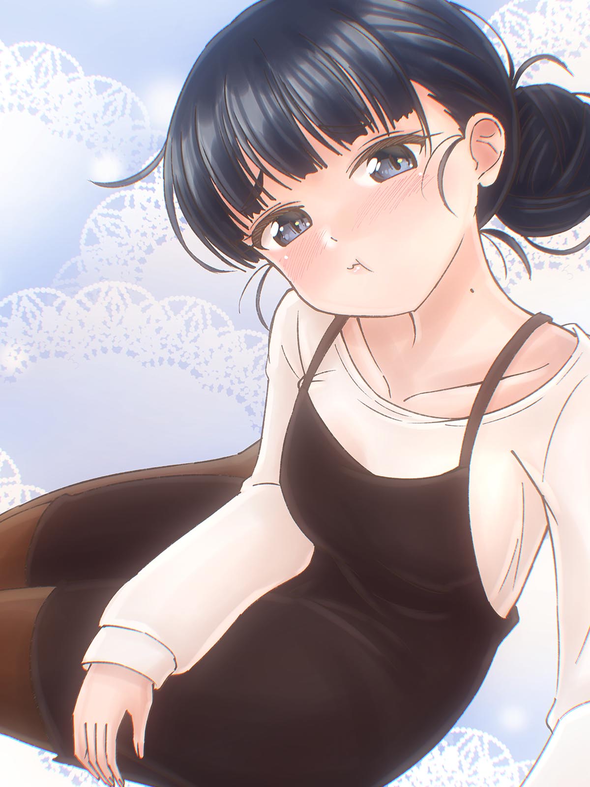 oekaki lemon, basori tiara, make heroine ga oo sugiru!, commentary request, highres, 1girl, black hair, blush, breasts, brown pantyhose, grey eyes, looking at viewer, mole, mole on neck, pantyhose, pout, sitting, small breasts, solo