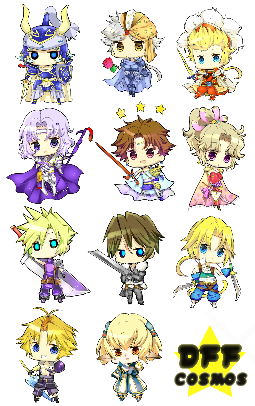 jiz, ziz (pantwo), bartz klauser, cecil harvey, cloud strife, firion, onion knight, shantotto, squall leonhart, tidus, tina branford, warrior of light (ff1), zidane tribal, dissidia final fantasy, final fantasy, final fantasy i, final fantasy ii, final fantasy iii, final fantasy iv, final fantasy ix, final fantasy v, final fantasy vi, final fantasy vii, final fantasy viii, final fantasy x, final fantasy xi, 1980s (style), highres, 00s, 1990s (style), 2girls, 6+boys, buster sword, cape, chibi, dual wielding, everyone, holding, multiple boys, multiple girls, oldschool, pantyhose, retro artstyle, star (symbol), sword, transparent background, weapon