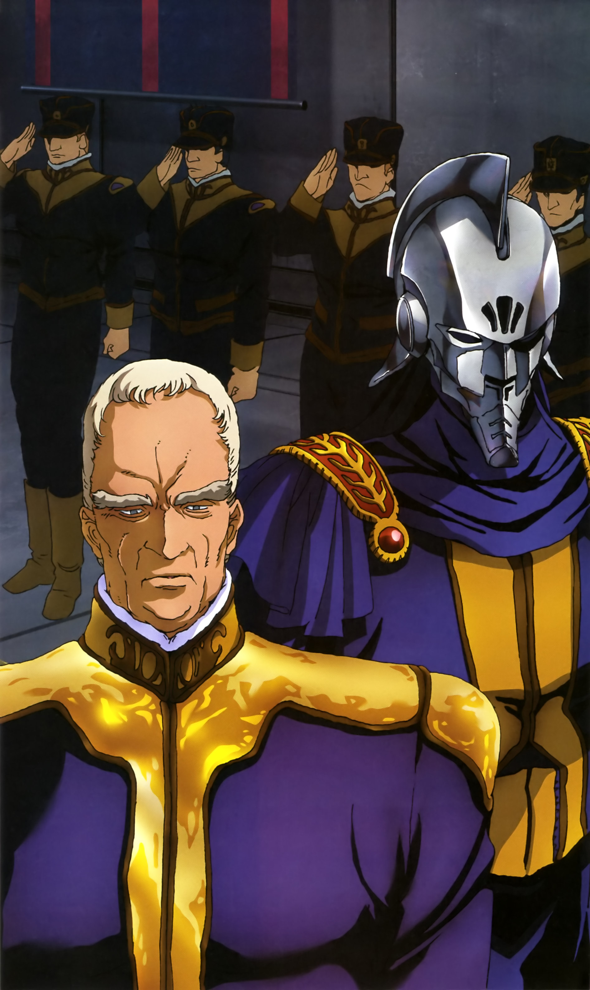 carozzo ronah, gundam, gundam f91, absurdres, artist request, highres, official art, promotional art, scan, traditional media, 6+boys, army, blue eyes, cape, combat helmet, cosmo babylonia, crossbone vanguard, gundam perfect file, hat, helmet, jewelry, looking down, mask, meitzer ronah, military hat, military rank insignia, military uniform, multiple boys, salute, scene reference, science fiction, serious, short hair, soldier, white hair