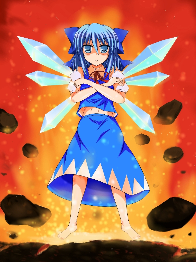 kotsuka, cirno, embodiment of scarlet devil, touhou, :<, adapted costume, barefoot, blouse, blue eyes, blue hair, collared shirt, crossed arms, hair between eyes, midriff, navel, orange background, red background, shirt, solo, white shirt, wings