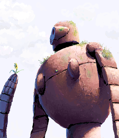 une, laputa robot, studio ghibli, tenkuu no shiro laputa, cloud, day, epaulettes, flower, from below, grass, holding, holding flower, no humans, non-humanoid robot, outdoors, robot, sexually suggestive, sky, upper body, yellow flower