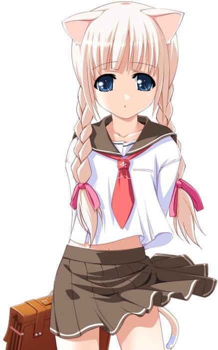 ooji, original, 1girl, animal ears, arms behind back, bag, black skirt, blonde hair, blue eyes, braid, breast pocket, cat ears, cat girl, cat tail, collarbone, female focus, hair ribbon, holding, holding bag, long hair, long sleeves, looking at viewer, midriff, navel, neckerchief, open mouth, pocket, red neckerchief, red ribbon, ribbon, school bag, school uniform, shirt, simple background, skirt, solo, standing, tail, twin braids, white background, white shirt, wind, wind lift
