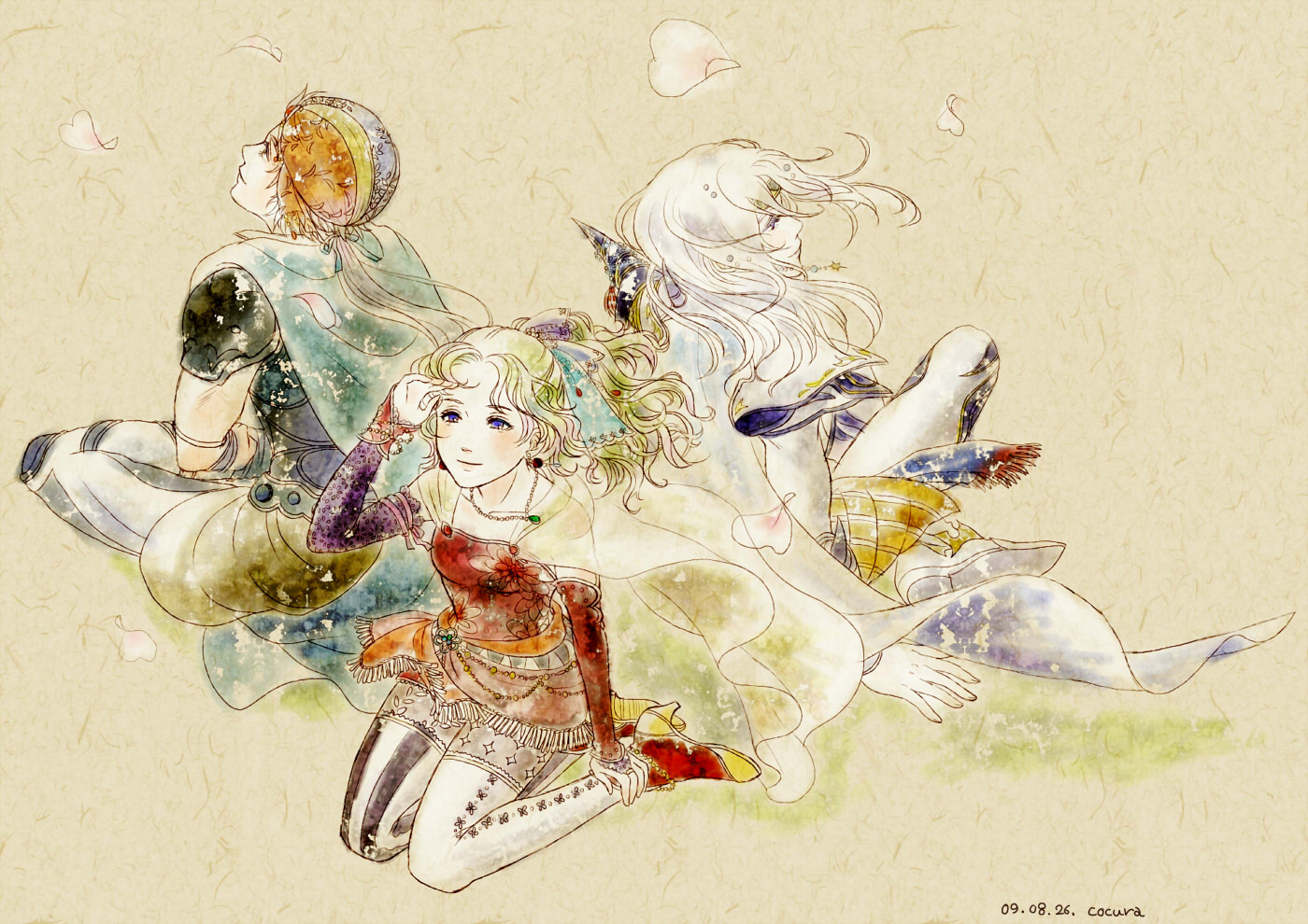 cocura, cecil harvey, firion, tina branford, dissidia final fantasy, final fantasy, final fantasy ii, final fantasy iv, final fantasy vi, 1980s (style), bad id, bad pixiv id, 1990s (style), 1girl, 2boys, cape, dated, multiple boys, oldschool, pantyhose, petals, retro artstyle