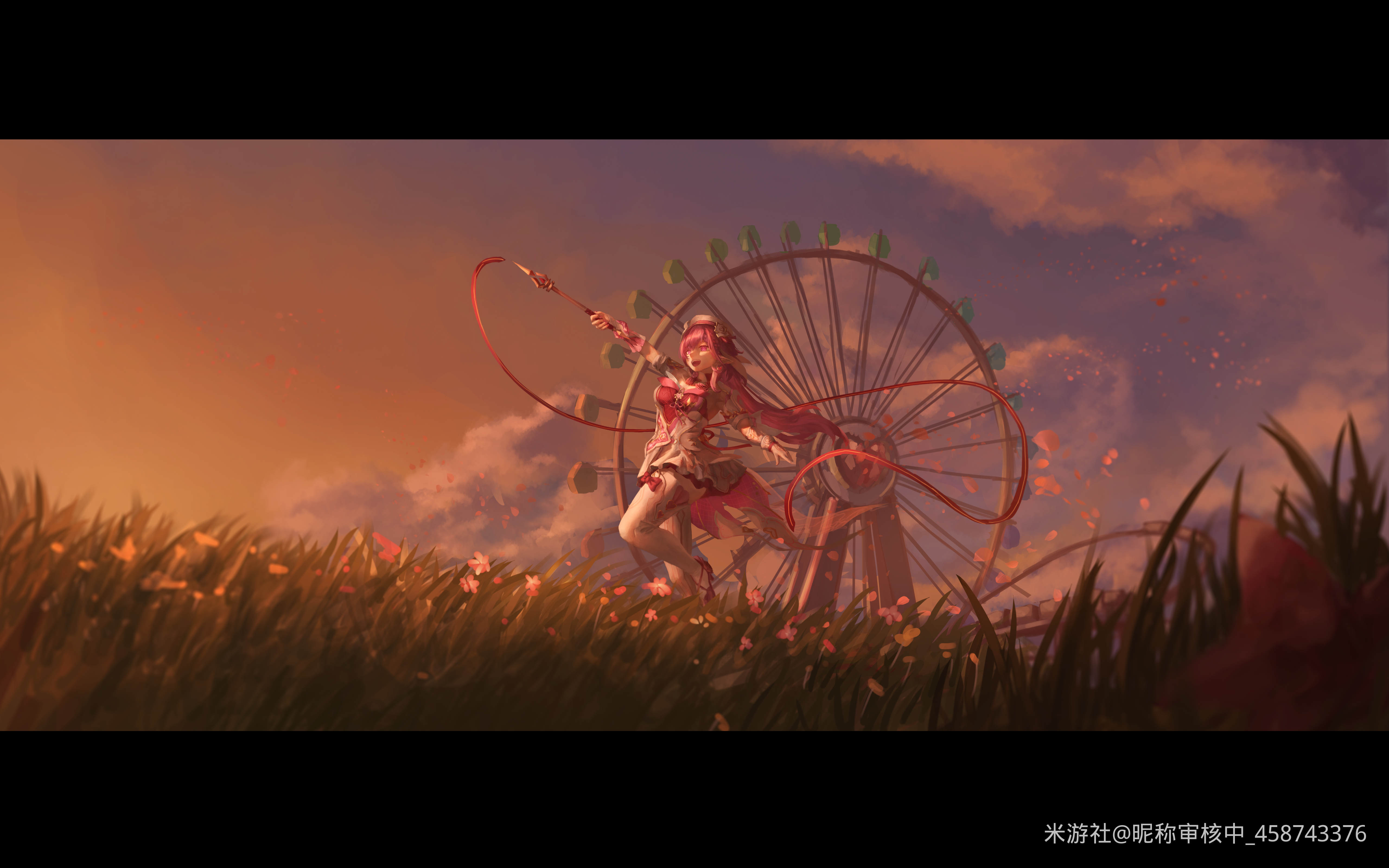 elysia (hi love elf) (honkai impact), elysia (honkai impact), honkai (series), honkai impact 3rd, absurdres, chinese commentary, commentary request, highres, 1girl, beret, breasts, diamond-shaped pupils, diamond (shape), dress, elf, ferris wheel, gloves, grass, hat, holding ribbon baton, large breasts, letterboxed, long hair, miyoushe watermark, multicolored hair, open mouth, outdoors, pink hair, pointy ears, purple hair, qiu autumn zhu, scenery, sky, smile, solo, symbol-shaped pupils, thighhighs, two-tone hair, very long hair, watermark, white dress, white gloves, white hair, white thighhighs