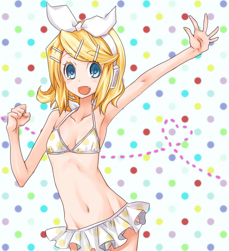 mikipa, kagamine rin, project diva, project diva (series), vocaloid, bad id, bad pixiv id, 1girl, :d, armpits, bikini, blonde hair, blue eyes, breasts, fang, female focus, frilled bikini, frills, gathers, headset, navel, open mouth, outstretched arm, polka dot, short hair, small breasts, smile, solo, swimsuit, waving, white bikini