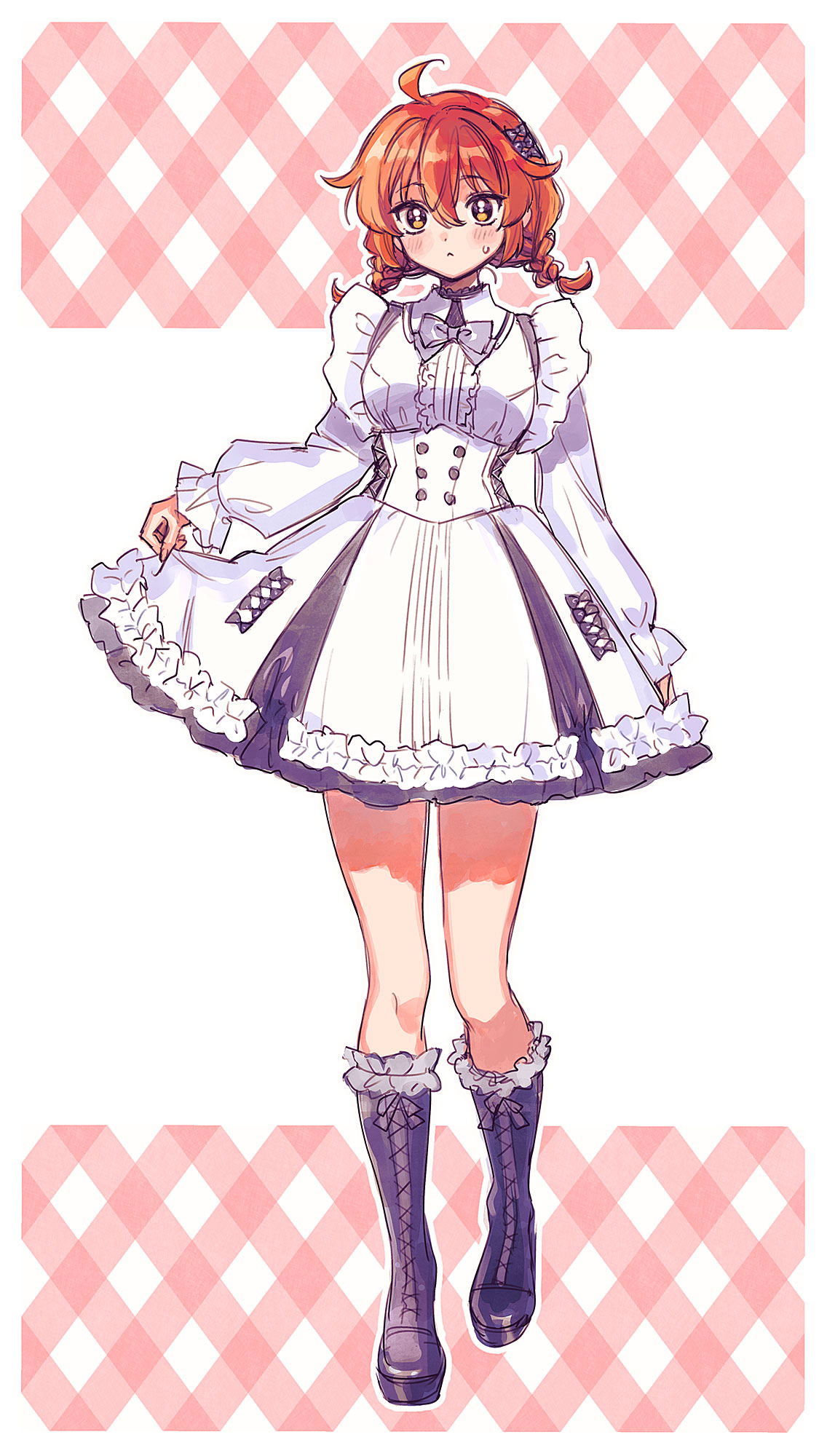 uni (nico02), fujimaru ritsuka (female), fate/grand order, fate (series), commentary request, highres, 1girl, ahoge, alternate costume, ankle lace-up, boots, bow, bowtie, clothes lift, dress, dress lift, frilled boots, frilled dress, frills, full body, hair bow, lace-up boots, light blush, long sleeves, looking at viewer, low twintails, medium hair, multiple hair bows, orange eyes, orange hair, short dress, sketch, solo, sweatdrop, twintails, white dress