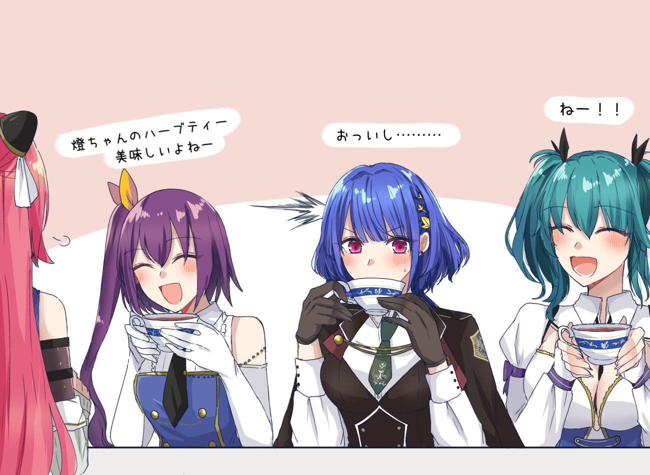 nigari (ngari 0115), iwaya kukuri, kawanabe nazuna, shiba tomoshibi, suzuki chinami, assault lily, commentary, translated, 4girls, :d, ^ ^, aqua hair, bare shoulders, between breasts, black cape, black necktie, black ribbon, black vest, blue hair, blush, bow, breasts, brown gloves, buttons, cape, closed eyes, collared shirt, covered mouth, cup, drinking, elbow gloves, facing away, gloves, green necktie, hair between eyes, hair ornament, hair ribbon, hairpods, hands up, holding, holding cup, juliet sleeves, large breasts, leaf hair ornament, long hair, long sleeves, looking ahead, lower teeth only, medium breasts, medium hair, multiple girls, necktie, necktie between breasts, newtype flash, odaiba girls high school uniform, open mouth, orange ribbon, pink background, pink eyes, puff of air, puffy sleeves, purple bow, purple hair, red hair, ribbon, school uniform, shirt, short hair, short necktie, side ponytail, sleeve bow, sleeveless, sleeveless shirt, sleeves past wrists, smile, sweatdrop, table, tea, teacup, teeth, twintails, two-tone background, two-tone shirt, upper body, v-shaped eyebrows, vest, white background, white gloves, white shirt