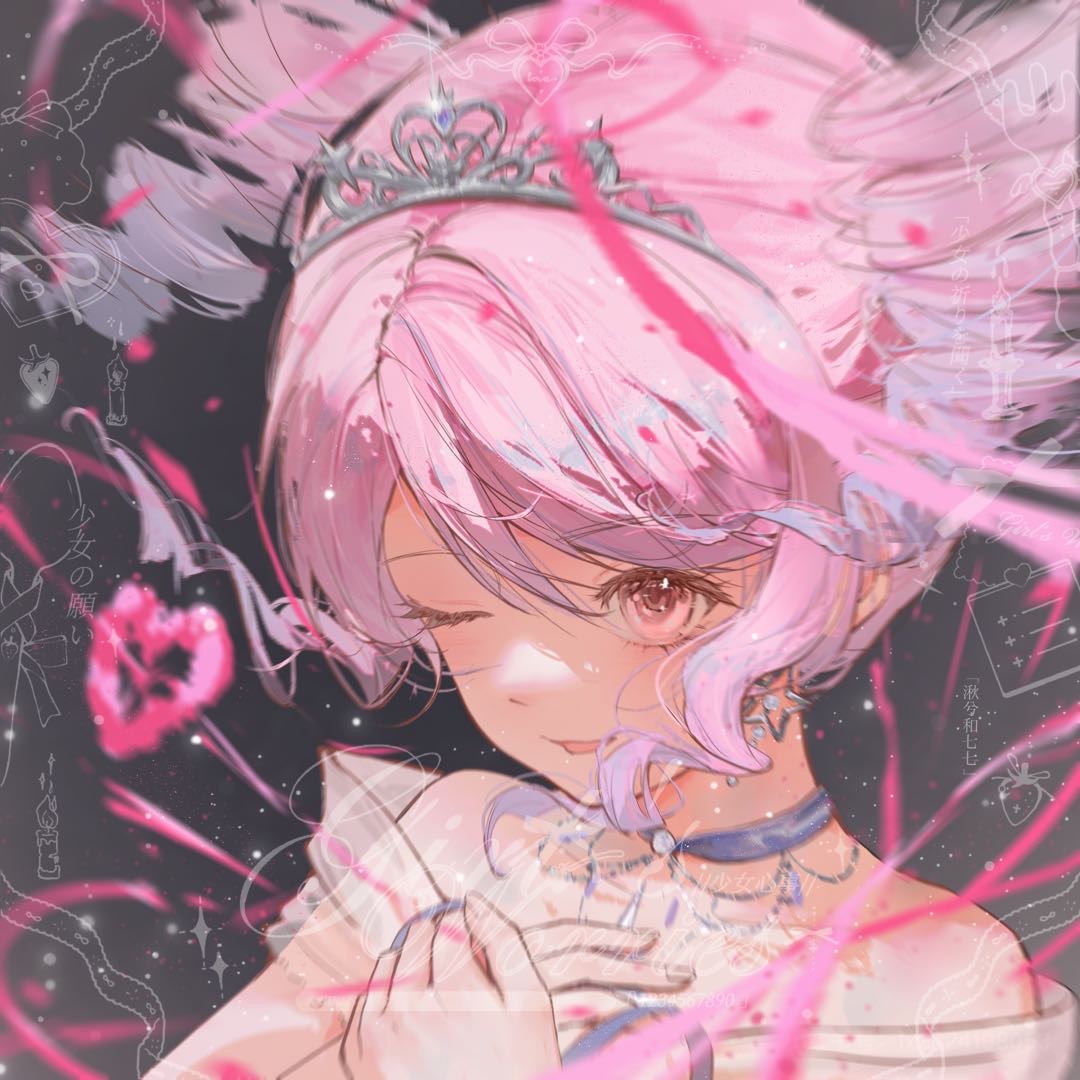 nikki (nikki), starlit celebration (infinity nikki), infinity nikki, nikki (series), chinese commentary, commentary request, commission, 1girl, bare shoulders, black background, brown eyes, choker, colored tips, dot nose, dress, drill hair, earrings, eyelashes, fingernails, floating hair, hair between eyes, hand on own chest, happy, heart, jewelry, jintiandeqizuizuogerenlema, light blush, light particles, looking ahead, multicolored hair, off-shoulder dress, off shoulder, one eye closed, open mouth, own hands together, petals, pink hair, pink ribbon, purple choker, purple hair, ribbon, sample watermark, see-through clothes, see-through sleeves, short hair, short sleeves, short twintails, sidelocks, smile, solo, star (symbol), star earrings, tiara, too many watermarks, twin drills, twintails, two-tone hair, upper body, watermark, white dress, wind