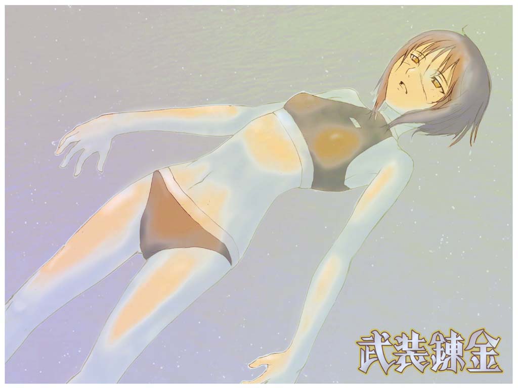 santouhei (3tohei), tsumura tokiko, busou renkin, 00s, 1girl, armpits, bikini, black hair, bob cut, female focus, navel, scar, solo, sports bikini, swimsuit, water, wet, yellow eyes